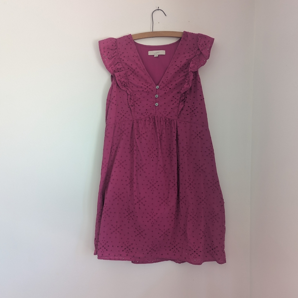 LOFT Pink Eyelet Swing Dress, Cotton, S